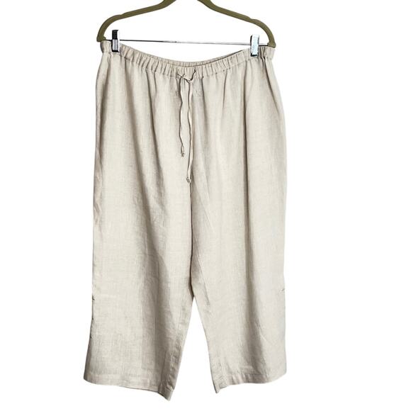 Caribbean Joe Linen Pants PL Petite Large Beige Embroidered Pull-On Cropped - Picture 1 of 7